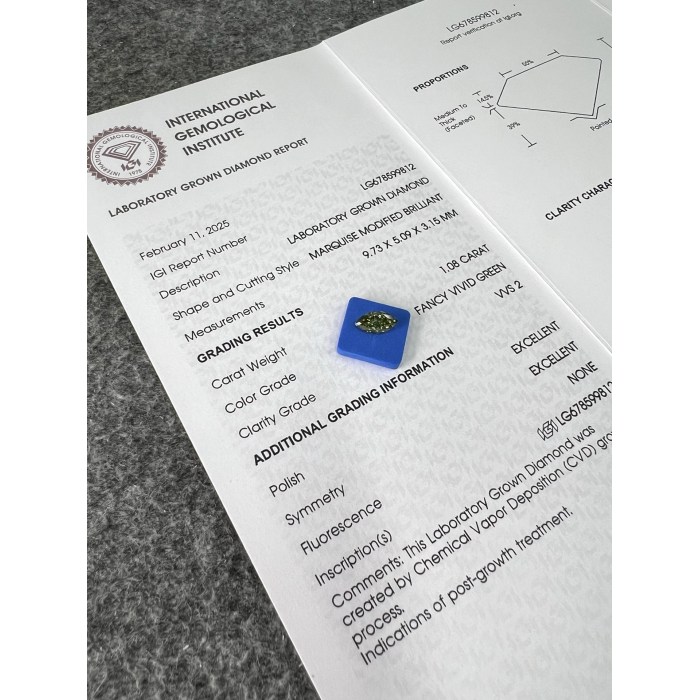 CVD เพชร Lab Green Marquise Cut 1.08CT VVS2