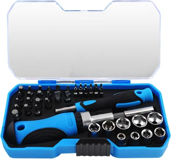 Professional 44-Piece Ratchet Screwdriver Set with Box, Swivel Handle, and Precision Multi-Screwdriver Heads Kit