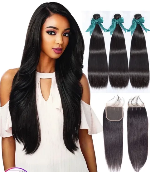 100 Human Hair Weave Bundle With Closure , Straight Peruvian Hair Bundle With Closure,Virgin Human Hair Bundles With Closure