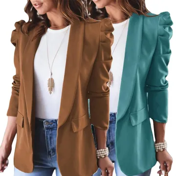 Women's Designer Khaki Ruffled Sleeve Lapel Collar Cardigan Jacket for Office