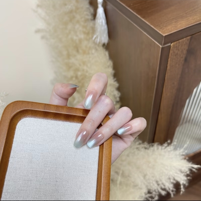 **Water Glow, Mountain Views** Wearable Nail Art, Water-Blue Cat Eye with Blush Accents.