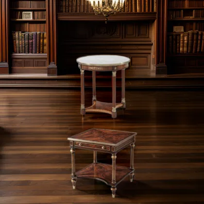 High Grade Traditional Antique Alexander Classical Luxury Teak Wood Coffee Table with Carve Inlay Veneer and Metal Accents