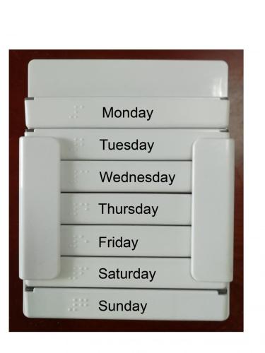 Braille weekly pill box with cutter