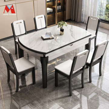 Modern Solid Wood Slate Telescopic Folding Dining Table and Chair Set