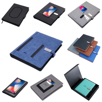 Customized A5 PU Leather Cover Power Bank Notebook with Wireless Charging, LED Light, and Logo