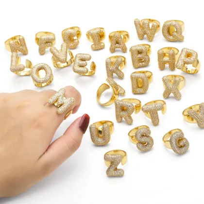 Copper Micro-Inlaid 26 English Letter Ring: Zircon Gold-Plated Open Ring for Women