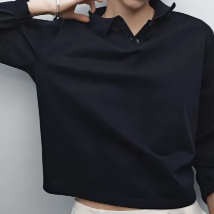 Women's commuting style mercerized cotton polo collar long-sleeved T-shirt