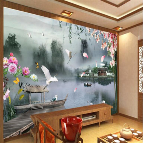 beibehang Large Custom Wallpaper Mural Jiangnan Landscape Ship Bridge Kapok House House Crane Bedroom TV Wall Background