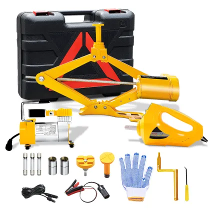 E-HEELP 12V 3 in 1 Car Electric Jack Lifting Set Built-in Flash LED Light with Impact Wrench & Air pump Car Scissor jack