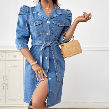 Summer Y2K Style: Casual Elegant Puff Sleeve Flap Pocket Belted Denim Midi Dress with Button Decoration and Washed Technique for Parties