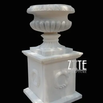 Polished hand carved white marble stone flower pot