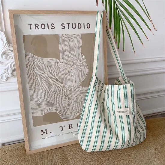 Durable Fashionable Eco-Friendly Zipper Large Green Striped Shoulder Cotton Tote Bag With Button