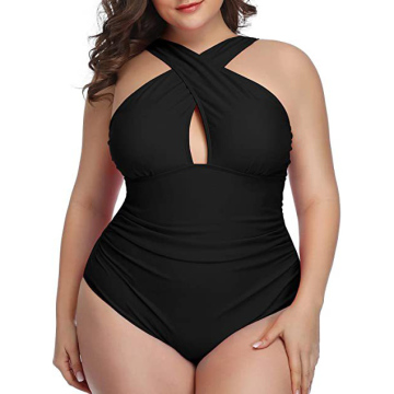 Plus Size Women's Crisscross Neck Cut Out Swimsuit: High Stretchy One Piece Bathing Suit