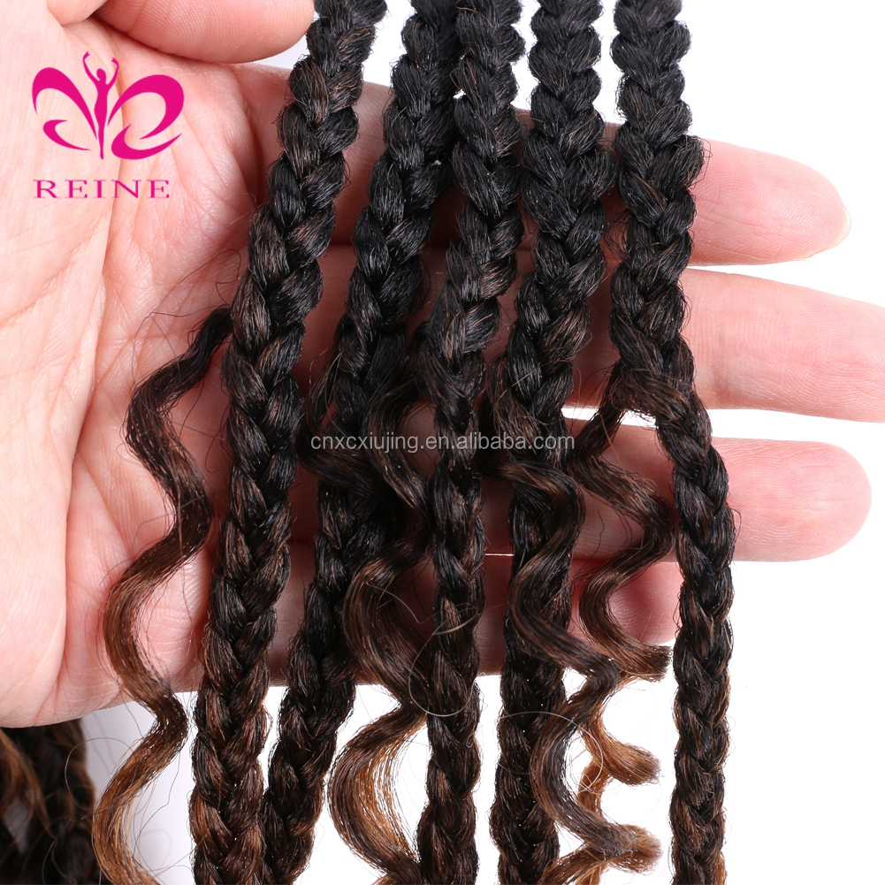 REINE New Styles Bohemian  Box Braids With Curls End Black Ombre Brown Synthetic Crochet Hair