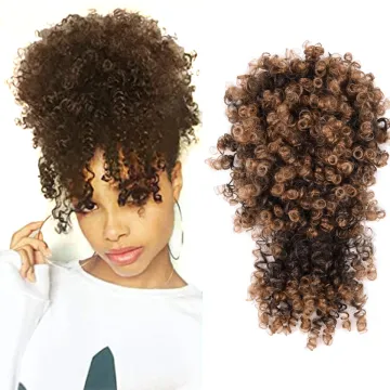 High Puff Hair Pieces Short Brown Pony Tail Warp Bun Afro Kinky Curly Wig Ponytail Chignon With Bang Synthetic Hair Extensions