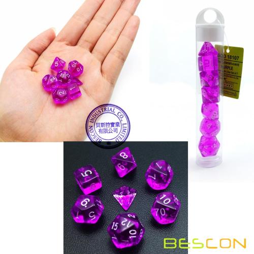 Bescon Mini Transluzent polyedrischen RPG Würfel Set 10 MM, kleine RPG Rollenspiel Würfel Set D4-D20 in Tube, Transparent Lila