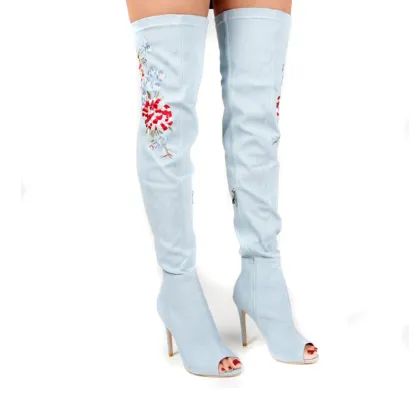 denim fabric embroidery flower over knee boots