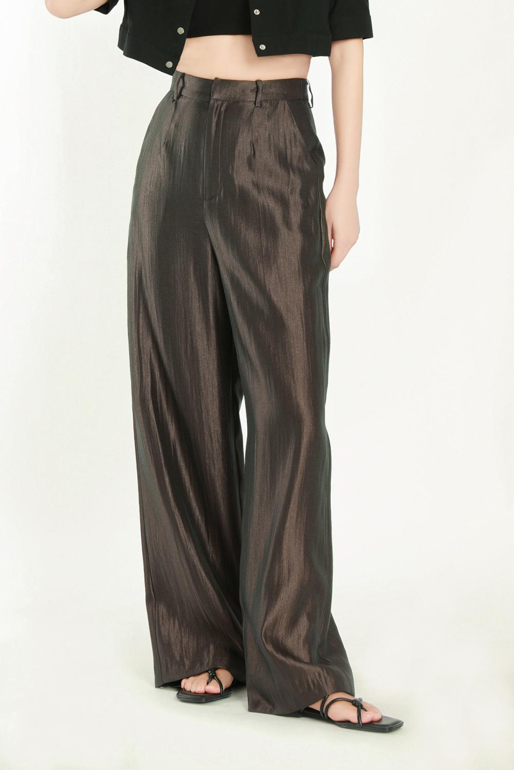 Women's Brown And Grey Woven Wide-Leg Trousers