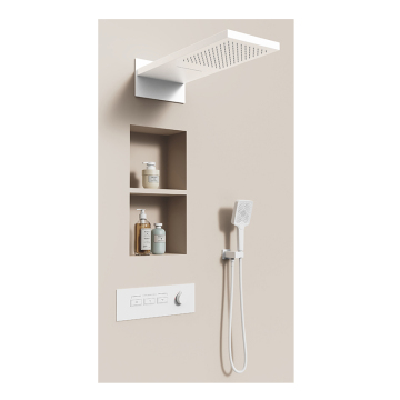 Three Function All Copper Square Wall-Mounted Piano Key Thermostat Shower Faucet Set in White