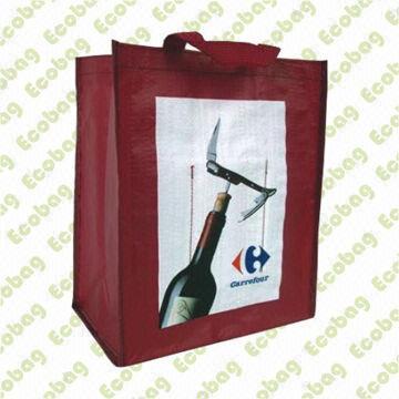 PP Woven Wine Bag with Recycled Fabric Binding, Measures 45 x 35 x 20cm
