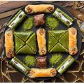 Traditional fresh delicious Turkish Carrot Slice baklava with pistachio. Dessert Baklava Famous Brand Turkish Baklava pistachio