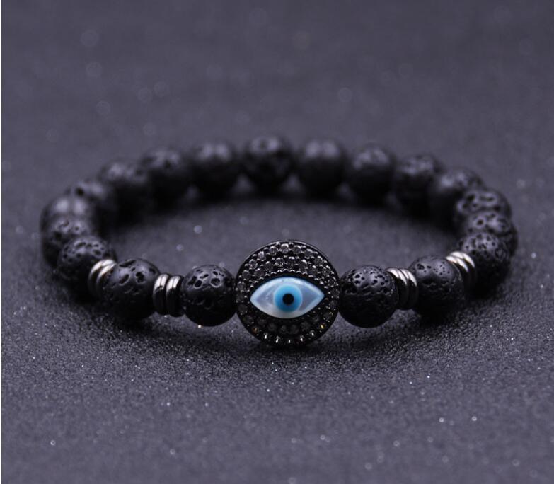 Pulsera de cuentas redondas de piedra de lava de mal de ojo de plata 8MM