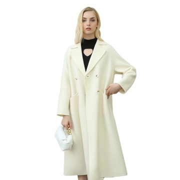 Winter Frauen weiße Doppelbrust-Wollmantel mit Turndown-Kragen
