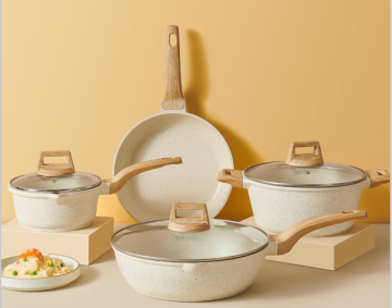 7/10/16Pcs Die-Cast Aluminum Non-Stick Pots and Pans Set with Wooden Handles - White Marble Cookware