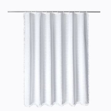 Waterproof Polyester Linen Check Fringe Shower Curtain for Household Bathroom Partition