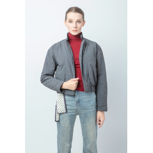 Gray-Blue Short Cotton Padded Jacket with Round Neck
