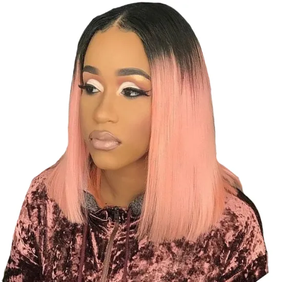 Lsy natural hairline middle part ombre pink bob wig 100% human hair,  best quality glueless bob wigs color rose gold lace wig
