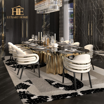 Luxury Walnut Root Veneer Dining Table with Brass Base and 12 Chairs