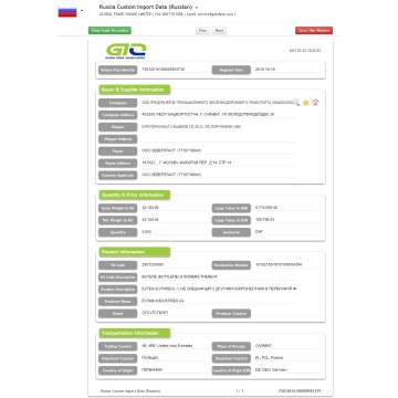 Datos aduaneros de importación de butilenglicol-Rusia