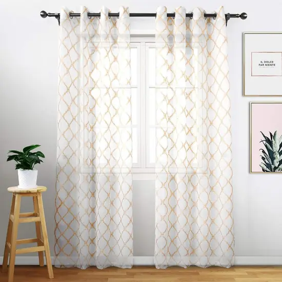 Customizable Embroidered Voile Curtain Trellis Design in White Polyester: Tailored Window Decorations