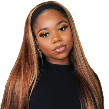 Peruvian Glueless Highlight 1b Honey Brown Color Straight Human Hair Machine Made None Lace Front Headband Wigs For Black Women