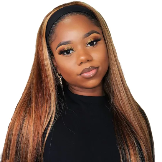 Peruvian Glueless Highlight 1b Honey Brown Color Straight Human Hair Machine Made None Lace Front Headband Wigs For Black Women