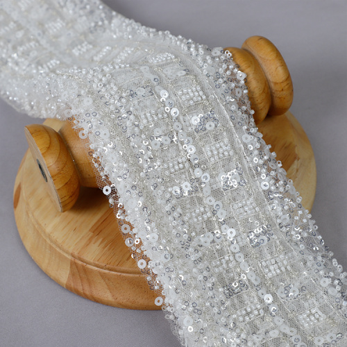 tissu de dentelle de maille de tissu de broderie perlé de paillettes blanches