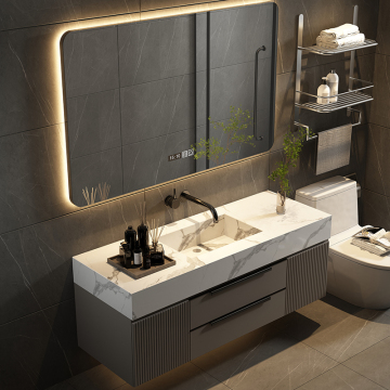 Gabinete de tocador de baño de madera flotante gris moderno con espejo - 2022