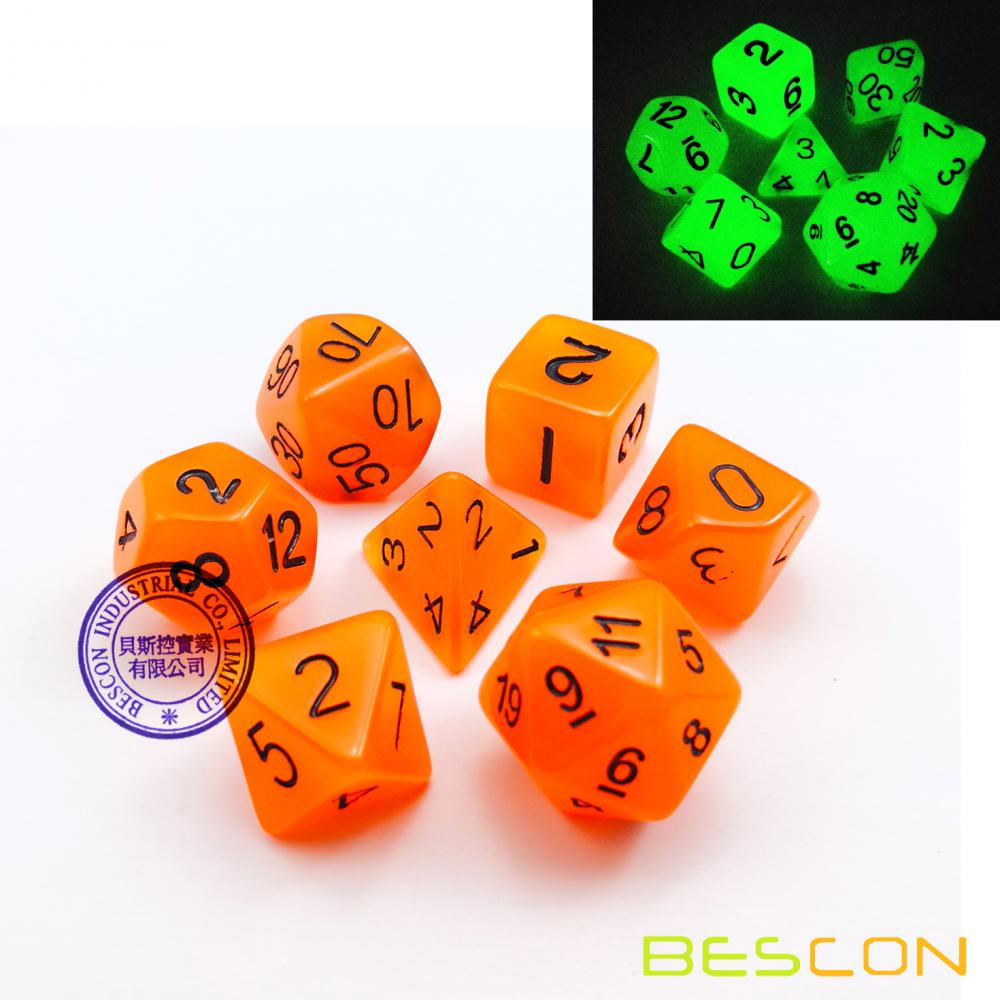 Orange Glow in the Dark Dice Set (7 Dice) for Dungeons & Dragons and Other Role Playing Games