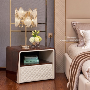 Modern High-Quality Cream Leather Cover Nightstand Bedroom Furniture