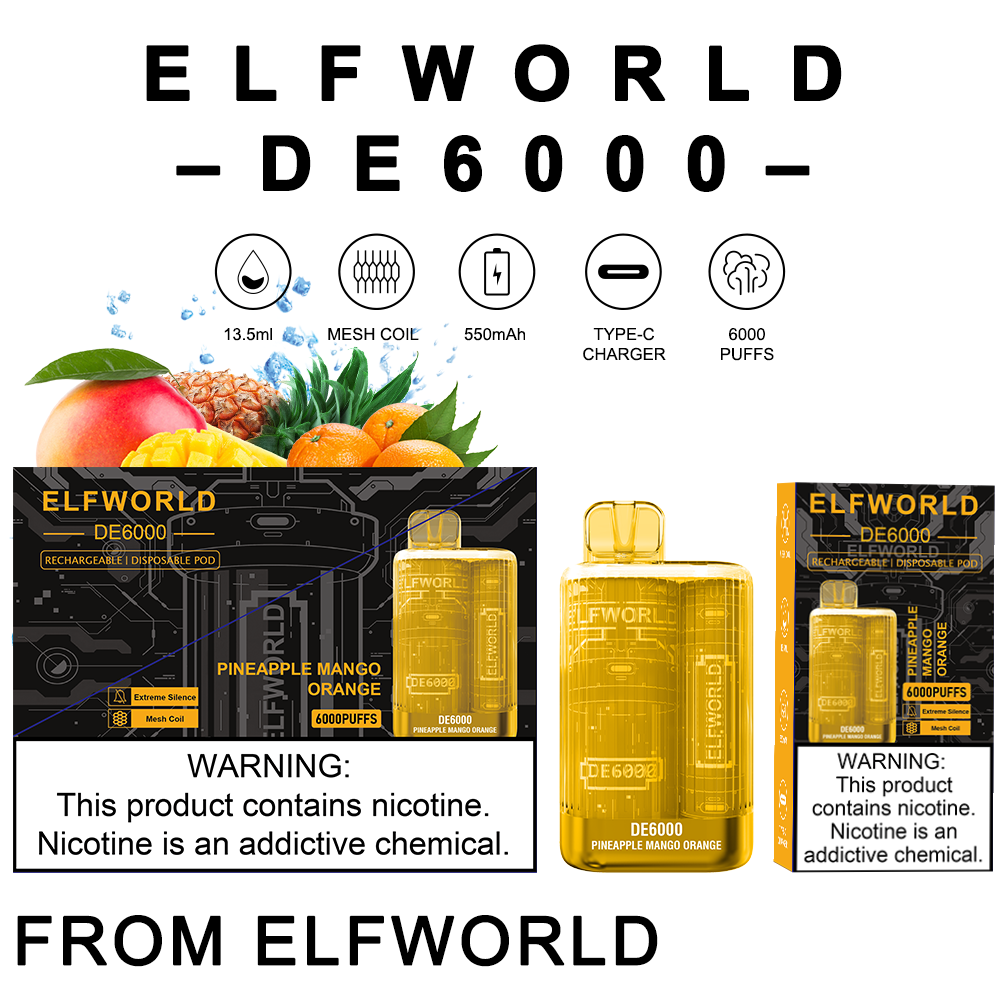 elf World De6000Puffs vape مع بطارية 550 مللي أمبير في الساعة