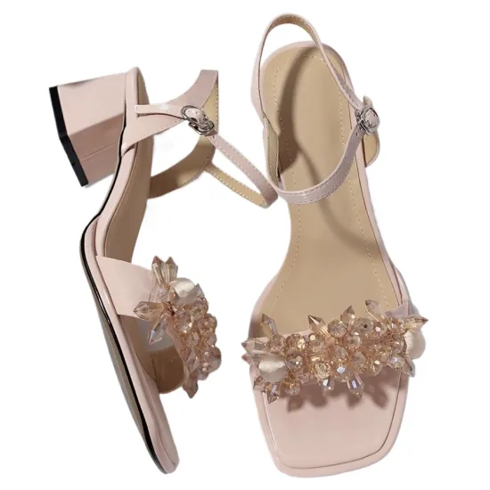 Patent Leather Thick Heeled Sandals: 2024 Summer Women's Outdoor Beach Shoes with Square Toe and Open Toe Design