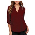 Womens Casual Cuffed Sleeves VNeck Shirts