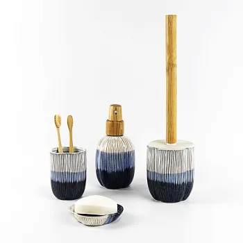 Blue Vertical Ribbed Ombre Ceramic Bathroom Set with Gold Accents
