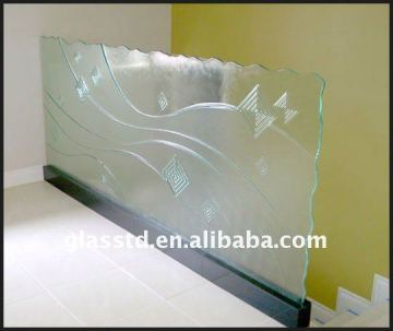 frosted curved glass railing with geometric patterns for indoor stairs