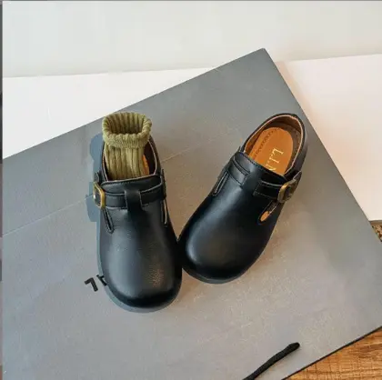 New Retro Girls' Soft-Soled Beanie Shoes & Boys' Single PU Leather Slip-On Shoes