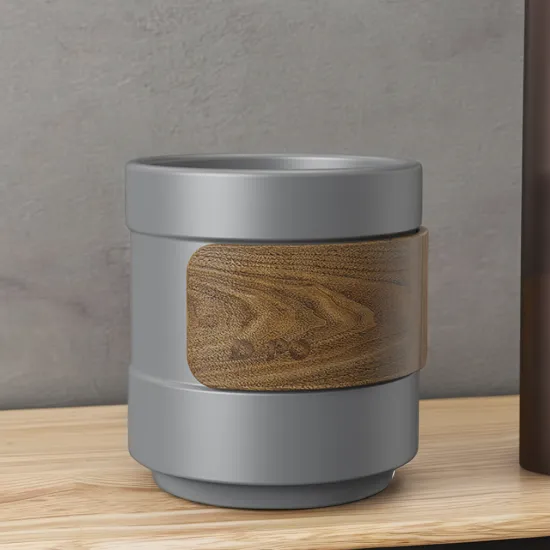 DHPO Matte Black Handleless Stackable Ceramic Coffee Tea Mug with Wooden Sleeve