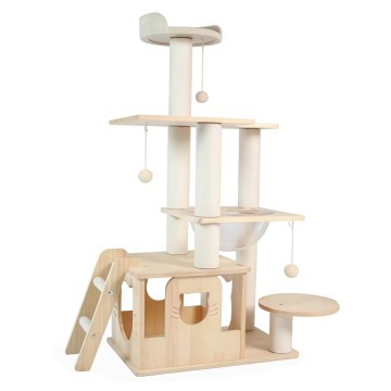 Wooden Cat Tree Tower Luxury Solid Wood Cat Scratcher Multi Level Activity Center Indoor Cats Climbing Playground Sisal Carton