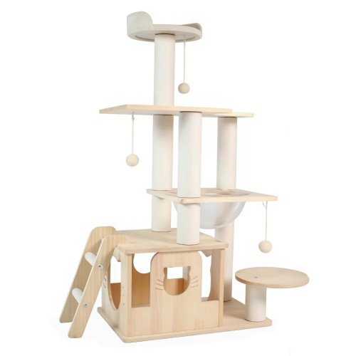 Wooden Cat Tree Tower Luxury Solid Wood Cat Scratcher Multi Level Activity Center Indoor Cats Climbing Playground Sisal Carton