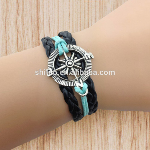 2014 Fashion compass Wax Cords Leather Bracelet